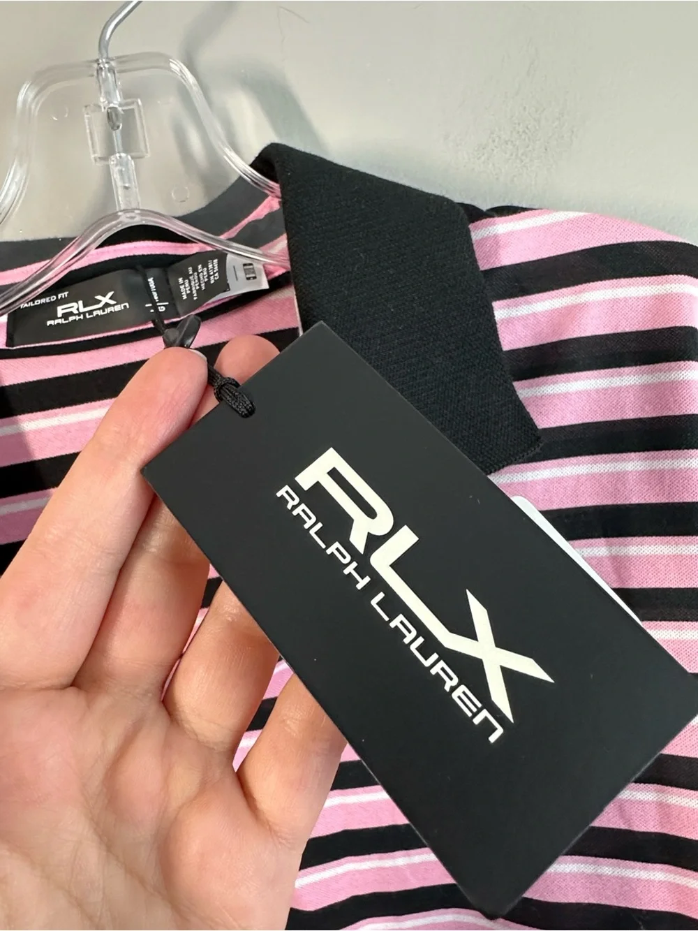 NWT RLX Ralph Lauren Pink And Black Stripe Polo Shirt Size L Golf